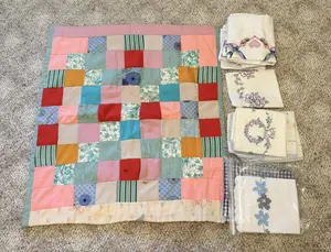 Assortment of Vintage Mid Century Patchwork Baby Quilt and Hand Embroidered Linens