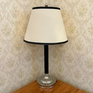 Art Deco Style Chrome and Fluted Column Table Lamp with Trimmed Shade