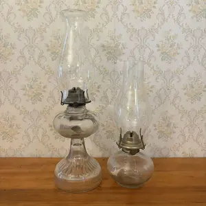 Two Antique Clear Glass Kerosene Oil Lamps