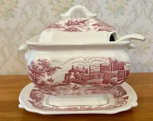 Trimont Ware Japan Red Transferware Soup Tureen Set with Underplate and Ladle