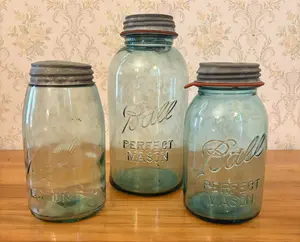 Three Ball Aquamarine Glass Mason Jars with Zinc Lids