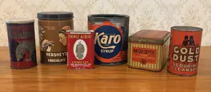 A Collection of Six Vintage Product Tins and Advertising Containers Including Karo Syrup and Prince Albert