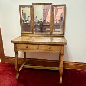 Antique Quartersawn Tiger Oak Vanity with Tri-Fold Beveled Mirror