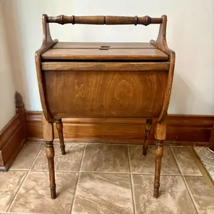 Mid-Century Colonial Revival Wooden Sewing Stand with Spindle Handle and Turned Legs