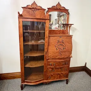 Victorian Tiger Oak Side By Side Secretary Desk and Curved Glass Display Cabinet