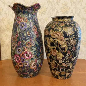 A Pair of Decoupage Floral Vases with Gold Glitter Accents