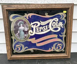 Vintage Pepsi-Cola Advertising Mirror in Wood Frame