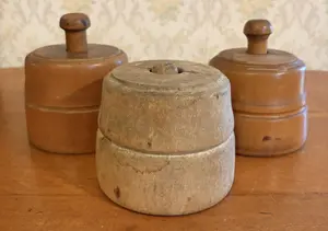 Three Antique Wooden Plunger Style Butter Molds with Hand Carved Stamps