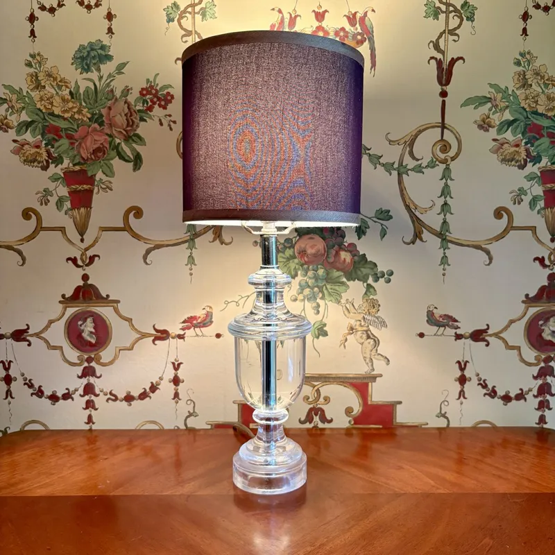 Neoclassical Style Clear Glass and Chrome Table Lamp with Plum Drum Shade from auction in Shelbyville, Kentucky — image 22