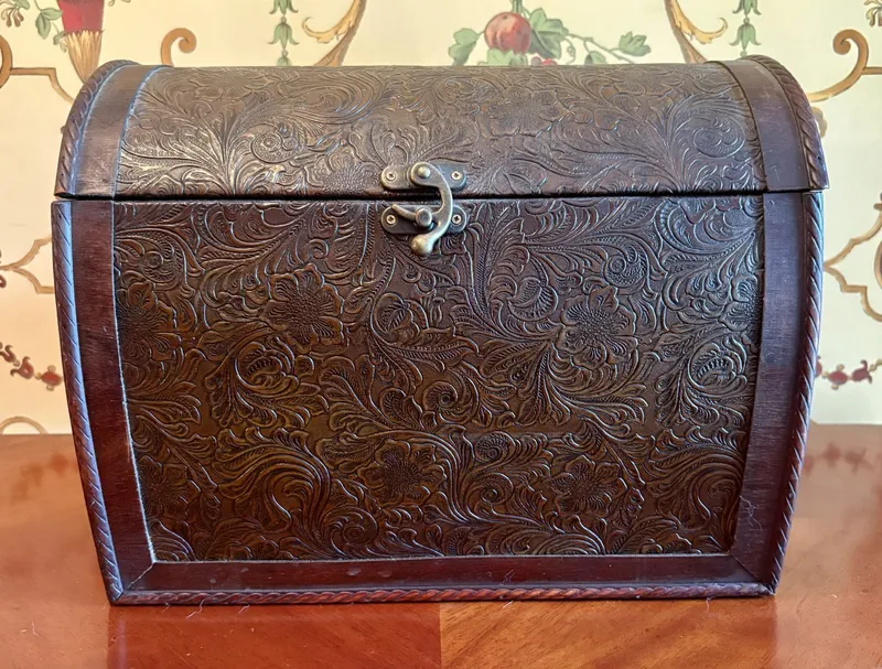 Wooden Dome Top Treasure Chest with Embossed Floral Panels from auction in Shelbyville, Kentucky — image 32