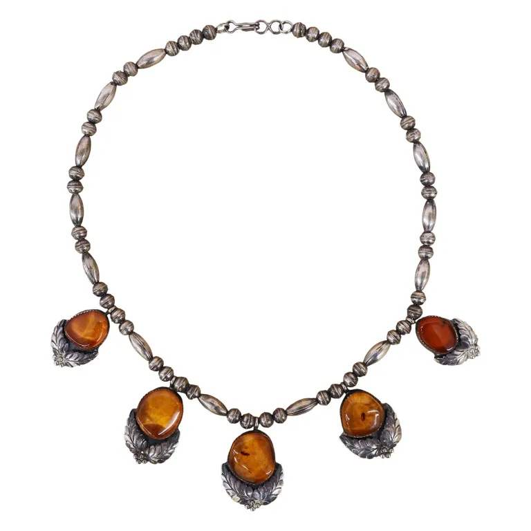 Signed Native American Sterling Amber Choker from auction in Spring Valley, New York — image 2