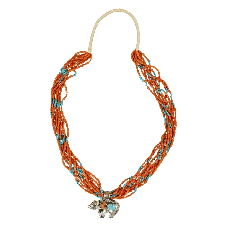 Navajo Coral Turquoise Sterling Bear Necklace from auction in Spring Valley, New York — image 11