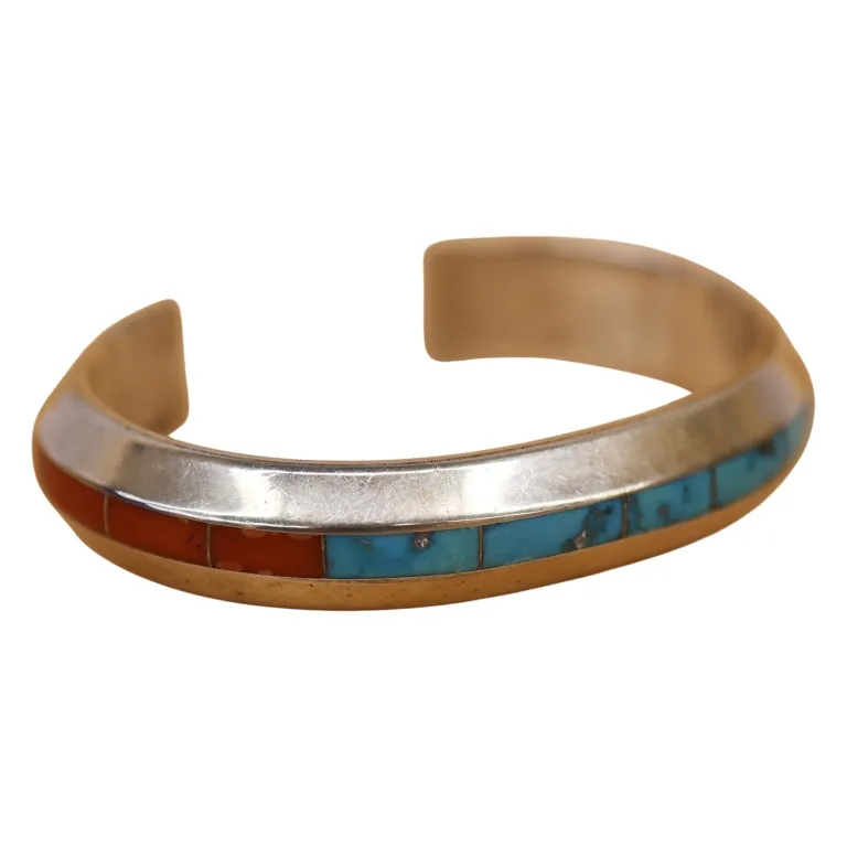 Johnny Coonsis Sterling Turquoise Coral Inlay Cuff from auction in Spring Valley, New York — image 42