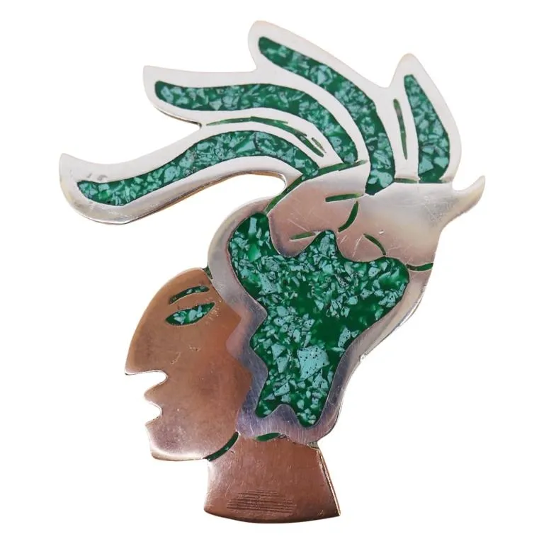 Sterling Inlaid Stone Aztec Mayan Warrior Brooch from auction in Spring Valley, New York — image 43