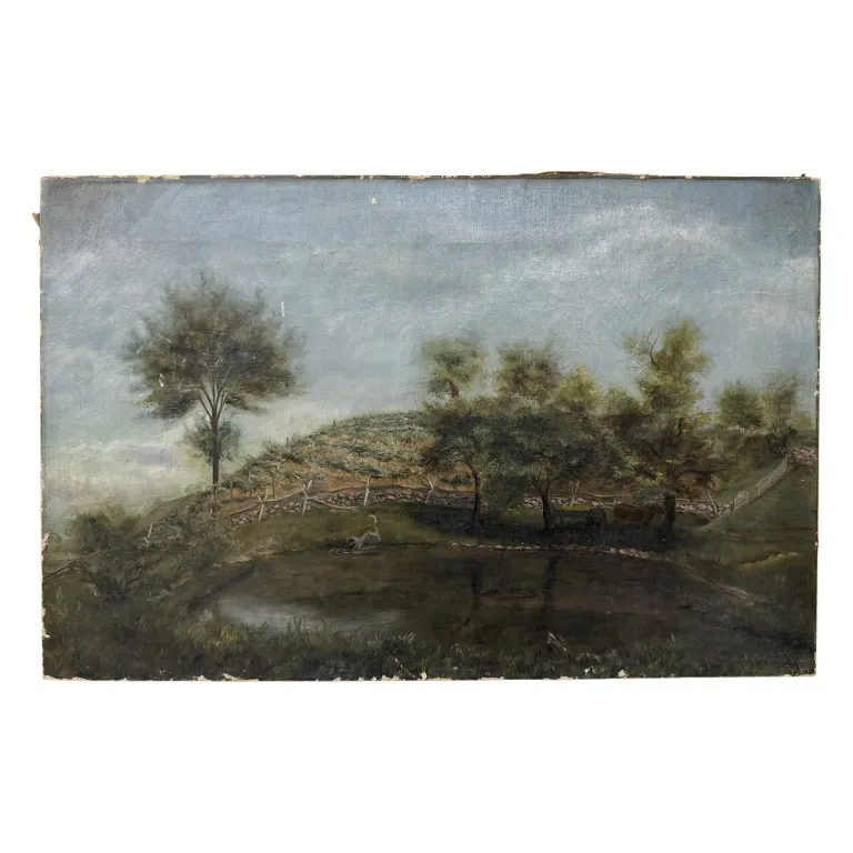 Signed 19th C Pastoral Landscape Oil Painting from auction in Spring Valley, New York — image 11