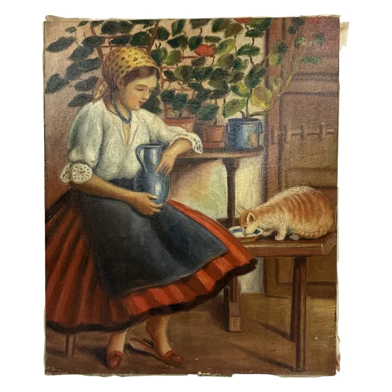 European Oil Painting - Young Girl with Cat from auction in Spring Valley, New York — image 5