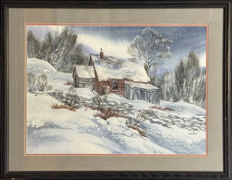 Fallier, Mike, watercolor, cabin snow scene from auction in Lindsborg, Kansas — image 21