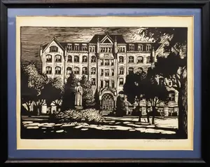 Bashor, John (2026-2013) linoleum cut, Old Main