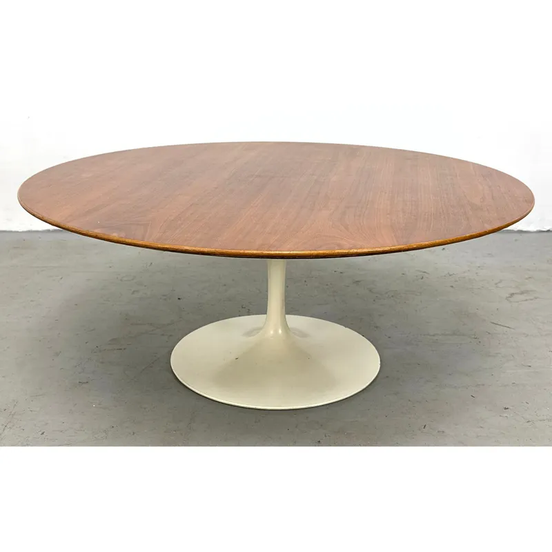 Eero Saarinen for Knoll Walnut Tulip Coffee Table. White Pedestal Base. Signed with Knoll Associates from auction in Upper Chichester, Pennsylvania — image 3