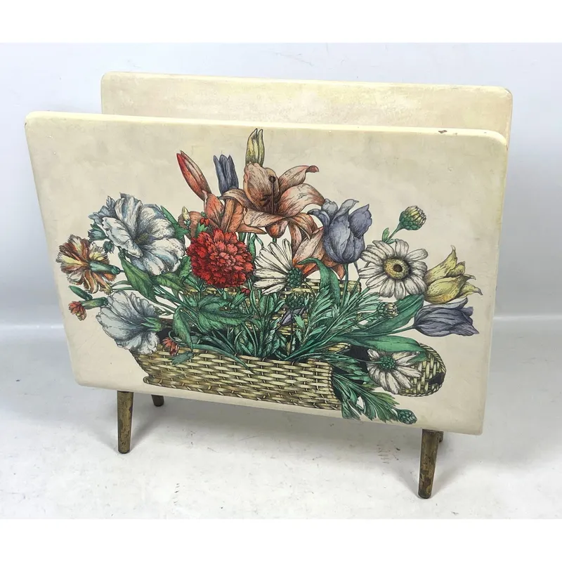 Piero Fornasetti Milano Floral Basket Magazine Rack with Tapered Brass Toned Metal Legs and Lithogra from auction in Upper Chichester, Pennsylvania — image 4