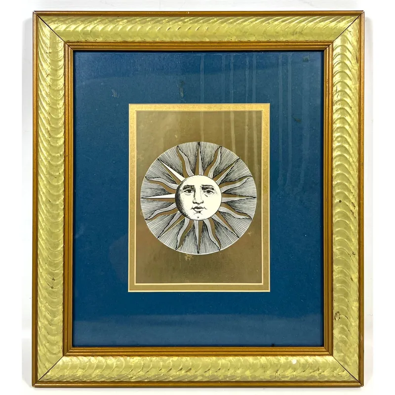 Framed Piero Fornasetti style Soli Sun print on metallic gold field with deep blue mat and gold tone from auction in Upper Chichester, Pennsylvania — image 15