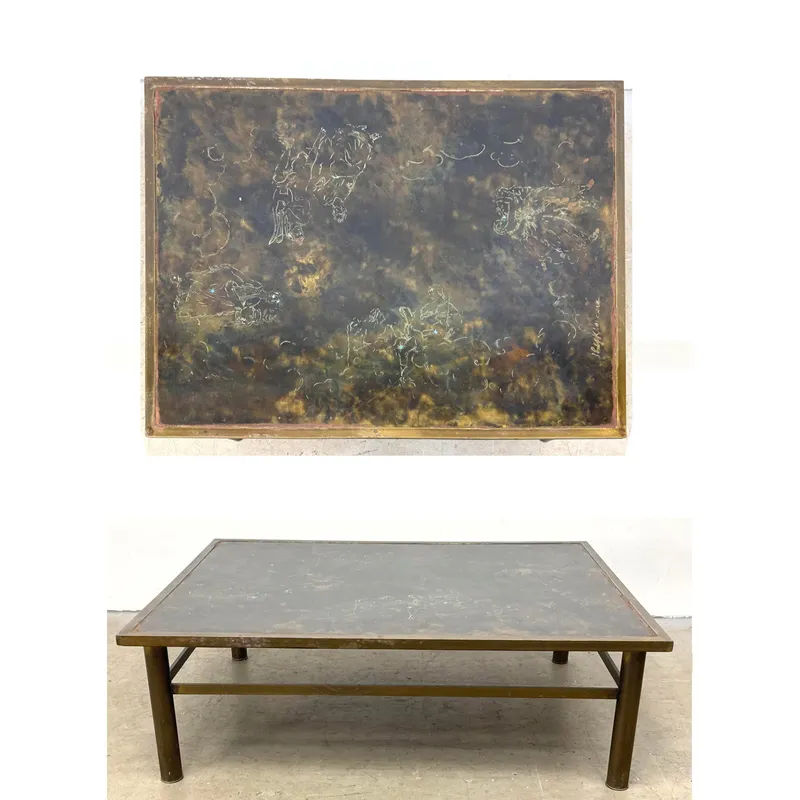 Large Philip and Kelvin LaVerne Muses acid etched bronze coffee table. Signed. from auction in Upper Chichester, Pennsylvania — image 4