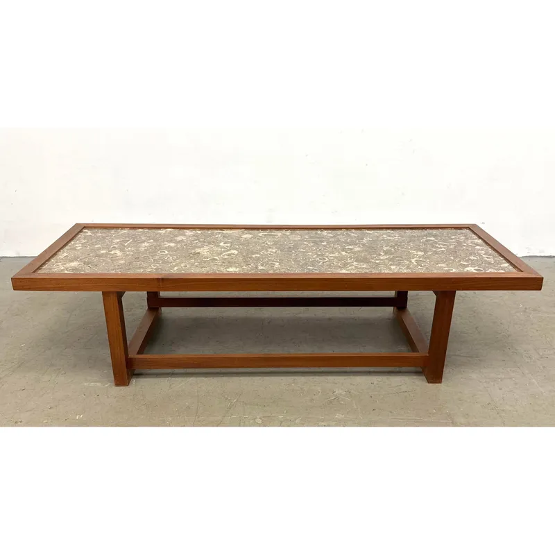 Mid-Century Modern Custom Crafted Coffee Table with Inset Fossilized Stone Top and Hardwood Sled Bas from auction in Upper Chichester, Pennsylvania — image 3