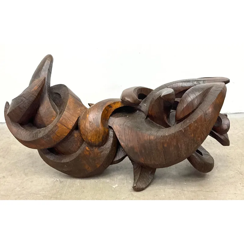 Large scale abstract hand carved wood sculpture. Interlocking organic curvilinear forms. Dark brown from auction in Upper Chichester, Pennsylvania — image 16