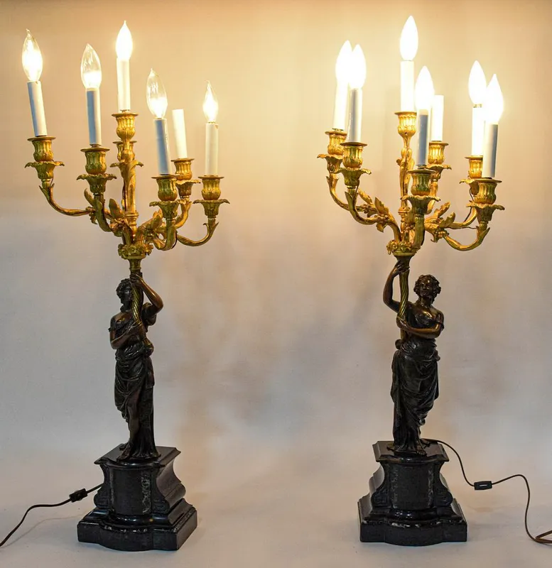 After Francois Rémond, Pair of French Neoclassical Style Gilt and Patinated Bronze Candelabra Lamps from auction in Lincoln Park, New Jersey — image 14