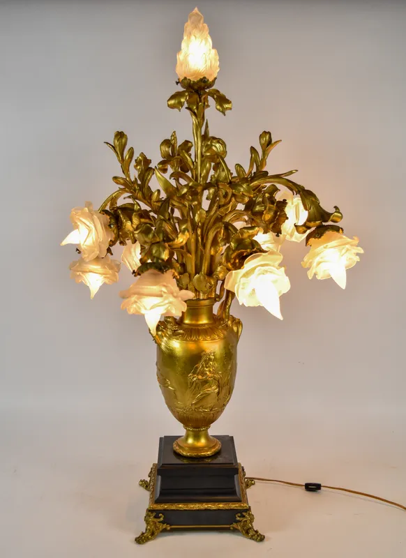 F. Barbedienne Large Seven Light Gilt Bronze and Frosted Glass Table Lamp from auction in Lincoln Park, New Jersey — image 15