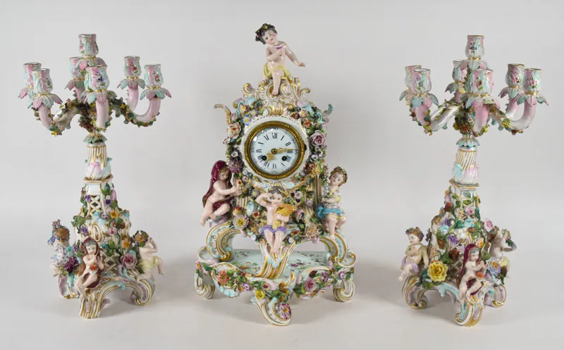 Meissen Four Seasons Mantel Clock and Candelabra Garniture from auction in Lincoln Park, New Jersey — image 19