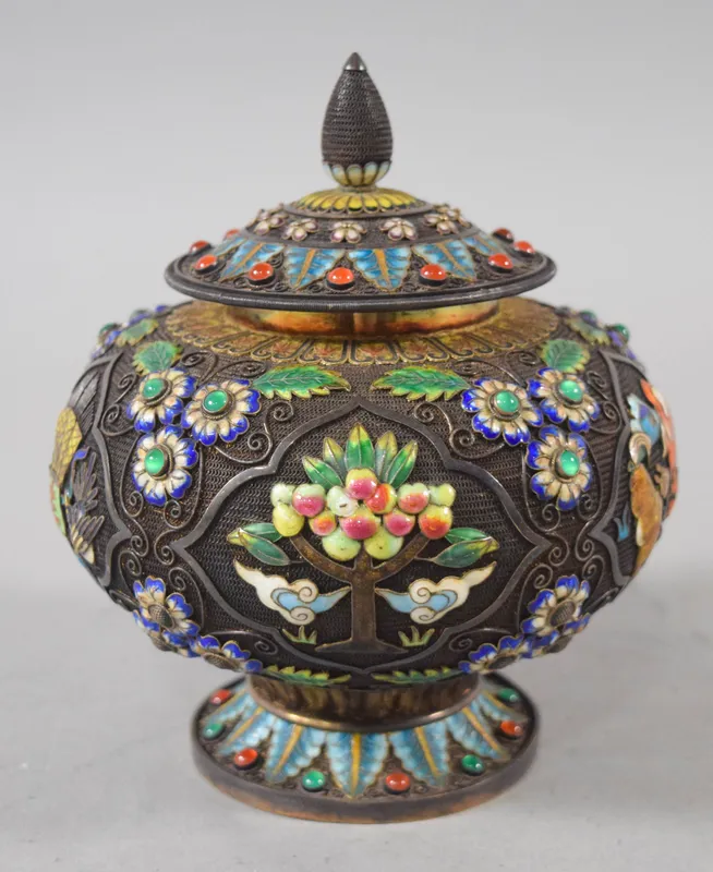 Chinese Export Silver-Gilt and Enamel Filigree Tea Caddy from auction in Lincoln Park, New Jersey — image 28
