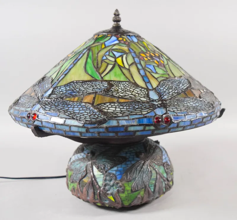 Tiffany Style Dragonfly Leaded Glass and Mosaic Tile Table Lamp from auction in Lincoln Park, New Jersey — image 19