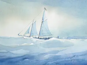 Robert Spring Watercolor Schooner Off A Headland