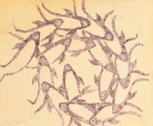 David L. Joslyn Pen and Ink Drawing Sharks