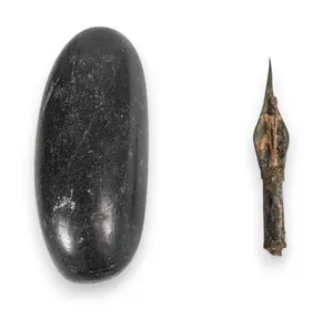 Two Ancient Tools Including a Polished Stone Celt and Bronze Spearhead