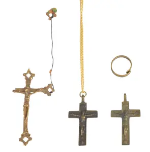 4 Brass and Bronze Religious Items Including 3 Crucifix Pendants and 1 Ring