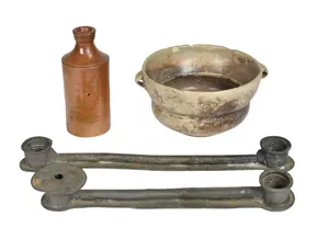 4 Assorted Artifacts Including Denby Stoneware Ink Bottle and Ceramic Bowl