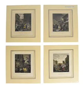 4 After William Hogarth Hand-Colored Engravings Times of the Day