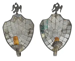 Pair of Federal Style Leaded Mirror and Metal Wall Sconces