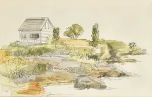 Watercolor and Ink Shoreline Landscape