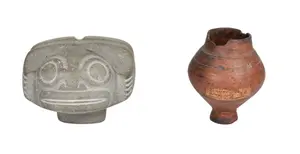 Marquesan Carved Volcanic Stone Tiki and Terracotta Pedestal Vessel