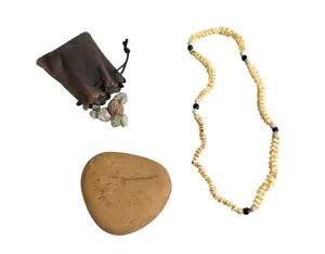 3 Ethnic Artifacts Including Snake Vertebrae Necklace and Stone Grinding Tool