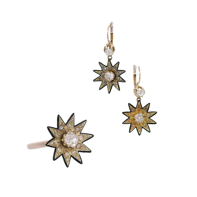 Victorian Era 18K Yellow Gold Ring & Drop Earrings Set with 2.40 CTW in Diamond from auction in Aventura, Florida — image 6