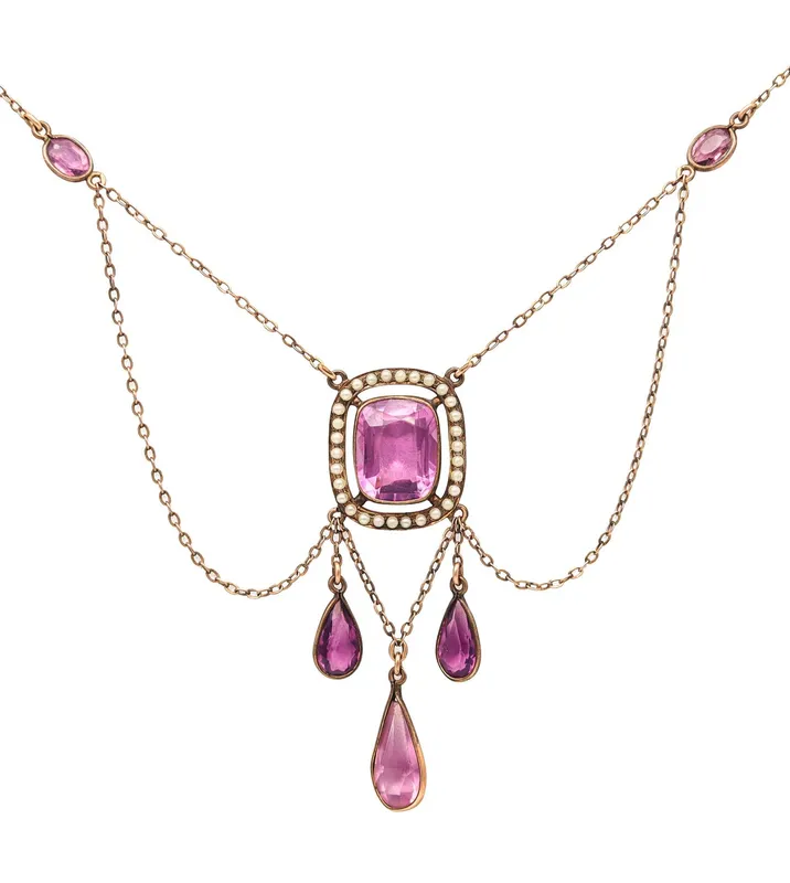 VICTORIAN 1870 Festoon Chained Necklace 9Kt Yellow Gold With Amethysts & Pearls from auction in Aventura, Florida — image 2