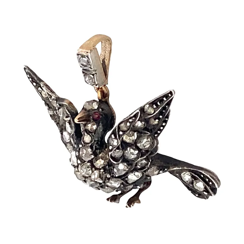 Antique 18K Gold & Silver Pigeon Pendant with Diamonds & Ruby from auction in Aventura, Florida — image 9