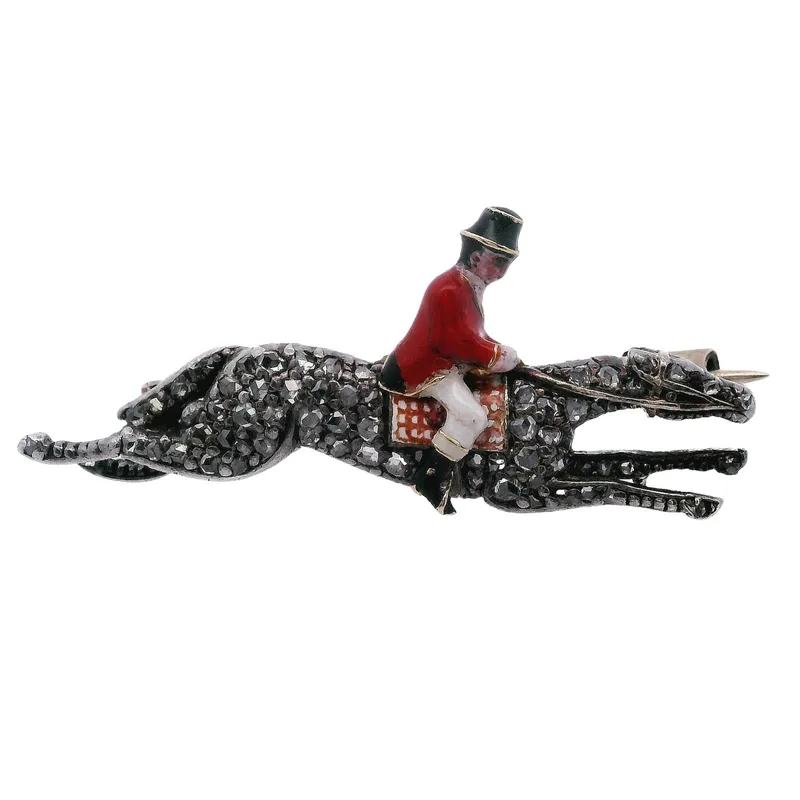 Antique 18K Yellow Gold & Silver Enamel Equestrian Pin/Brooch with Diamonds from auction in Aventura, Florida — image 10