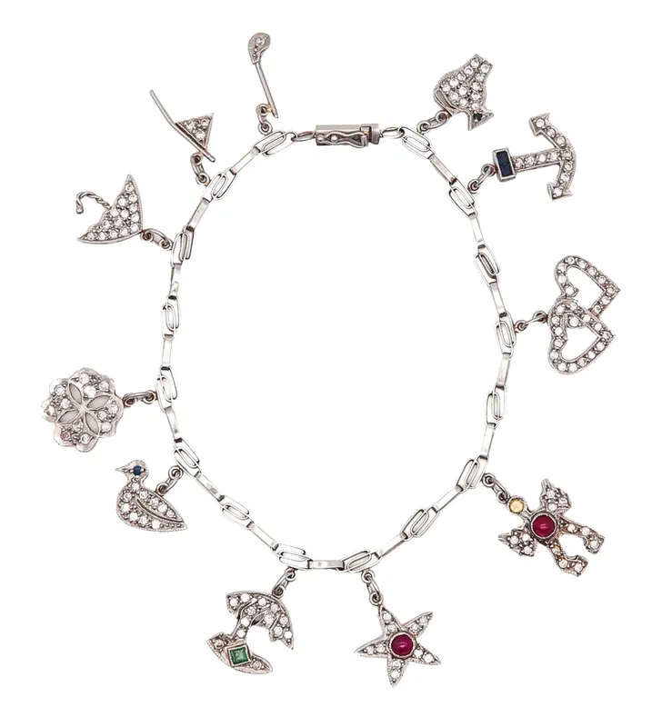 Art Deco 1930 Eleven Charms Bracelet In Platinum Enamel With 3.48 Ctw In Diamonds And Gems from auction in Aventura, Florida — image 16