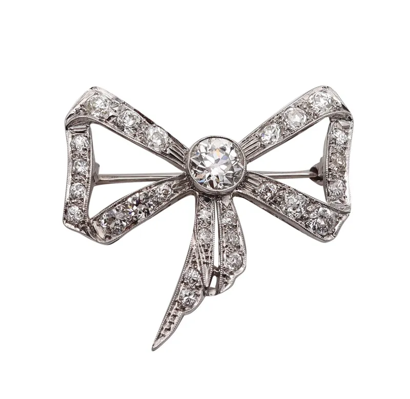 Edwardian 1905 Belle Epoque Bow Brooch In platinum With 3.35 Ctw In Diamonds from auction in Aventura, Florida — image 19