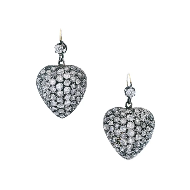 Antique 18K Yellow Gold & Silver Heart Drop Earrings with 10.35 CTW in Diamond from auction in Aventura, Florida — image 26